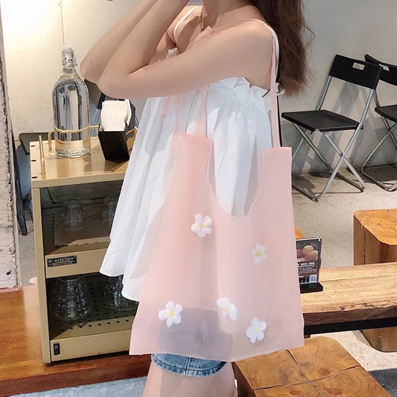 

Daily Shopping Bag Fashion Cute Flower Organza Transparent Bag Flower Mesh Women Shoulder Bag Casual Light Solid Female Handbag