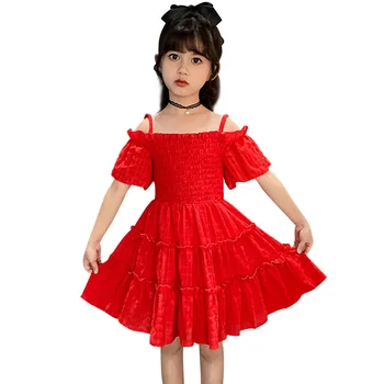 

Girl Dress Off Shoulder Girls Summer Dresses Solid Children Party Dress Big Children's Clothing 6 8 10 12 14 Year