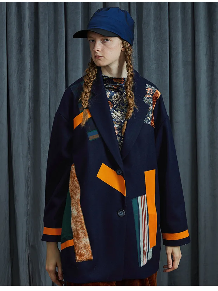 

Original Design Women Fall Winter Casual Oversized Short Woolen Coat Personality Detachable Hat Patchwork Navy Blue Wool Jacket