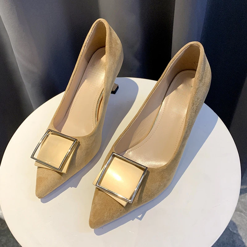 

Kitten Heels women pumps thin high heel buckle pointed toe web celebrity simple shoes fashion ladies pring summer zapatos