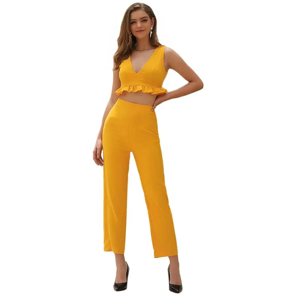 conjuntos dos piezas mujer verano 2019 conjunto top y pantalon ropa casual conjuntos grandes conjunto amarillo de cintura alta 50058|Conjuntos de mujer| - AliExpress