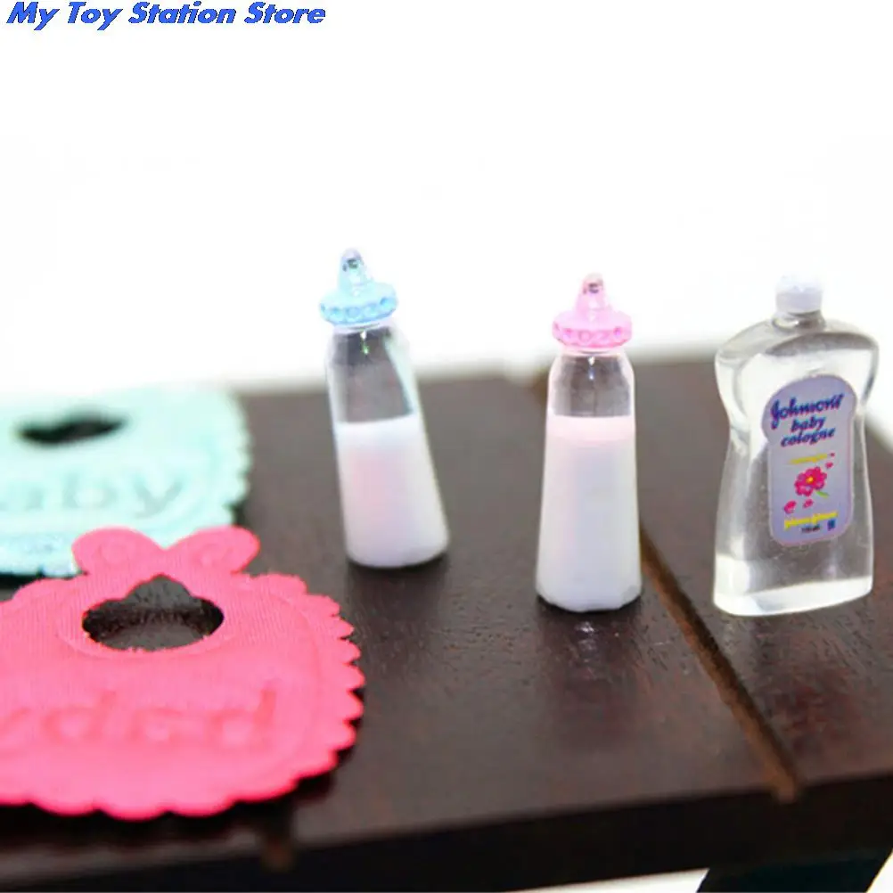 New 1:12 Dollhouse Miniature Nursery Accessory Gift Shampoo Bibs Baby Bottles Set For Barbie