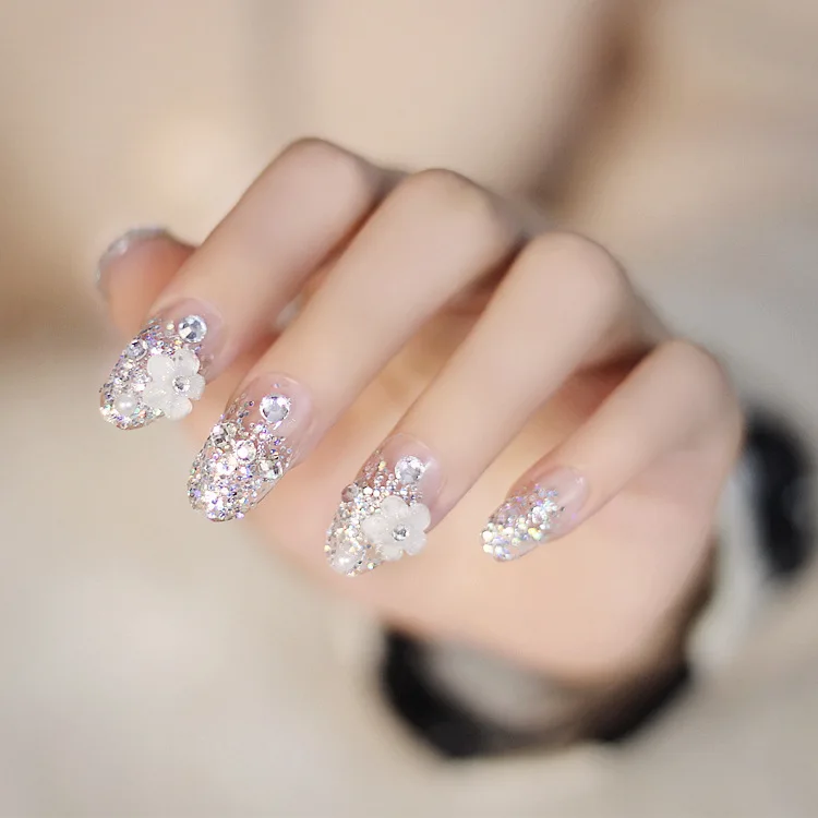 

24pcs/box Handmade Nail Diamond Flower Rhinestone Fake Nails Bride French Ballerina Press on Fingers Fake Nail Tips