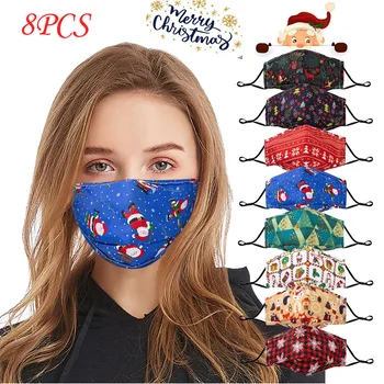 

8pcs Mascarillas Adult Unisex Christmas Print Face Mask Adjustable Washable Safet Protect Masks Elastic Earloop Cartoon Masque