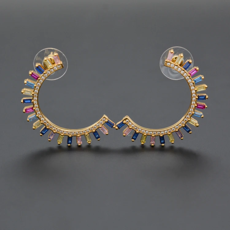 

Half moon shaped curved crescent earrings plated 18k gold inlaid color zircon temperament beautiful woman ear jewelry