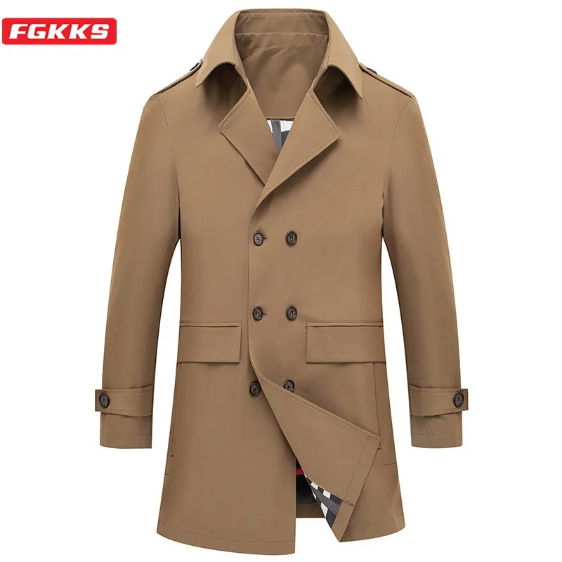 Мужской облегающий Тренч FGKKS деловой средней длины с отложным воротником в