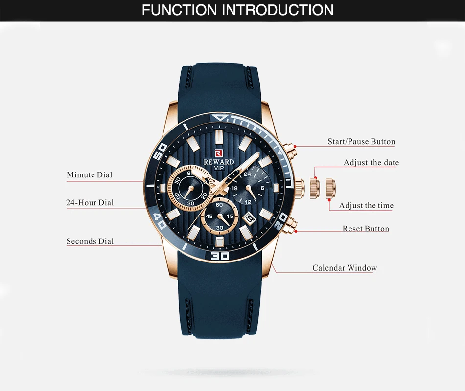 REWARD Mens Watches Top Brand Luxury Blue Quartz Watch Chronograph Men Silicone Waterproof Date Sport Wrist Watch Man Male Clock