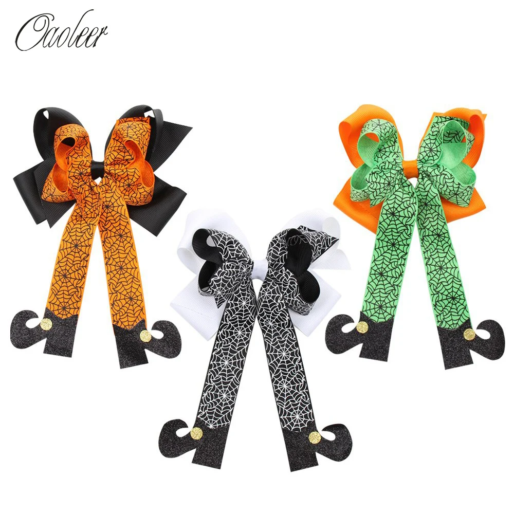 

3 Pcs/Lot Boots Style Halloween Hairgrips for Girls Web Print Ribbon Hair Bows Holder Glitter Hairgrips Stacked Hair Accessories