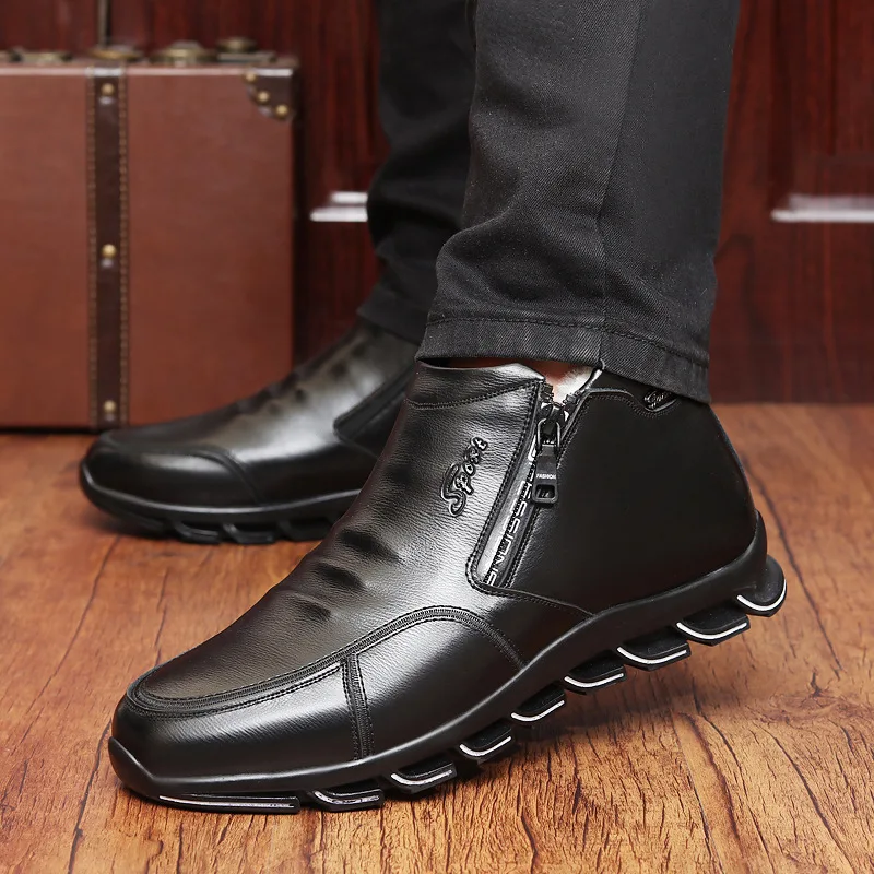 FONIRRA, мужские повседневные зимние кроссовки, кожаные ботинки, шерсть и хлопок, Мужская меховая обувь с высоким берцем для отдыха, бархатная Теплая мужская обувь, 366
