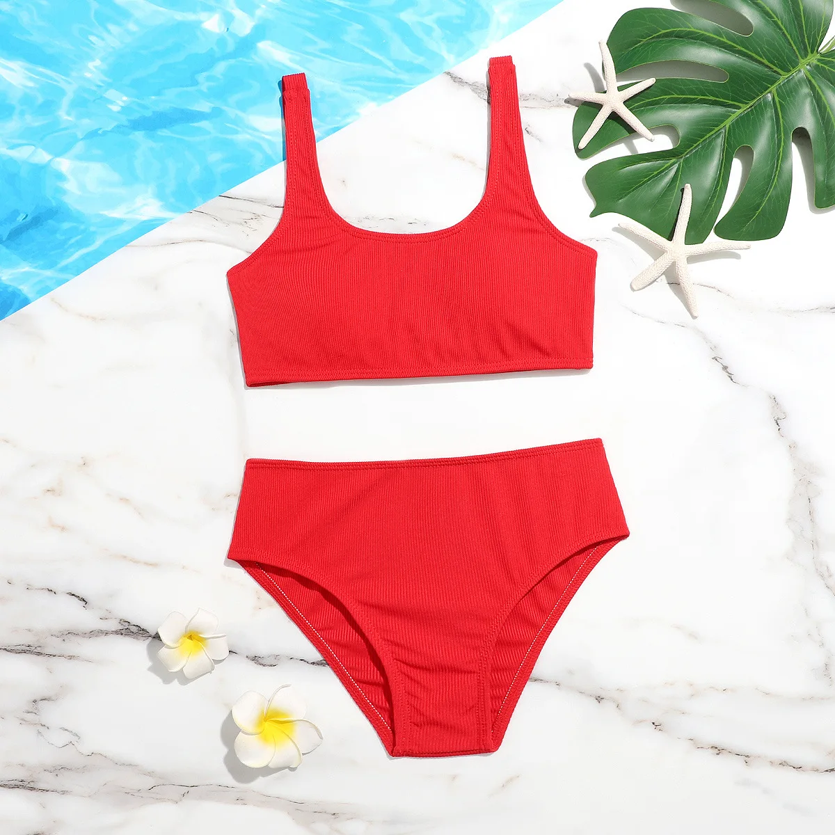 Solid Girl Swimsuit Kids Ribbed High Waist Bikini Set Two Piece Children's Swimwear Padded Girls Bathing Suit Beachwear Biquini