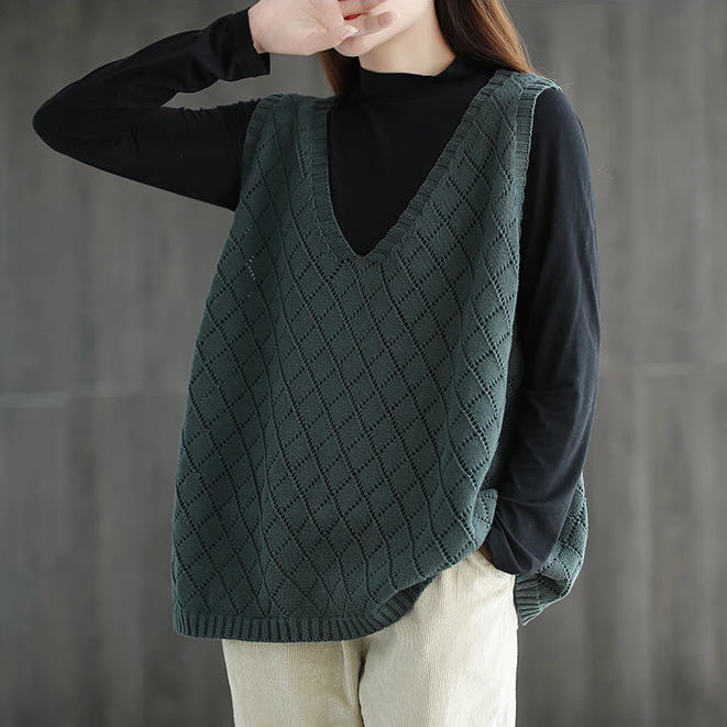 

blackish green European Spring Fall V-neck Sleeveless Sweater Vest Loose Coat Outcoat Lady Top Cloth for Women girl Waistcoat