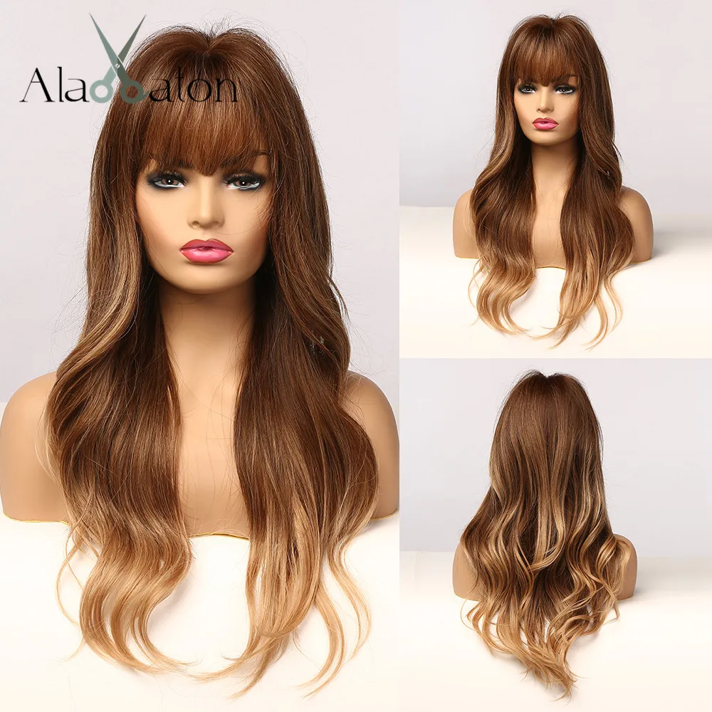 

ALAN EATON Long Ombre Brown Golden Wigs with Bangs Water Wave Heat Resistant Cosplay Synthetic Hair for Women African American
