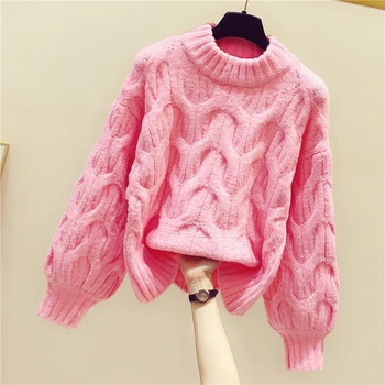 

2019 New Autumn Winter All-match Sweet Pink Women Pullovers Top O Neck Puff Sleeve Thick Students Sweaters High Quality