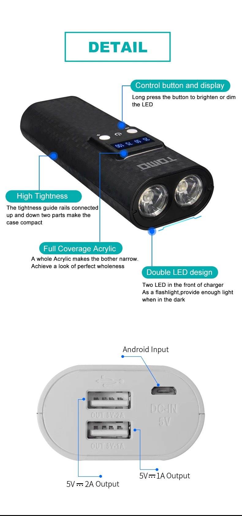18650 зарядное устройство светодиодный фонарик powerbank батарея чехол для хранения умный дисплей TOMO Q2