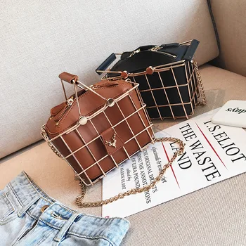

New All-Match Metal Frame leather Handbags Personality Bird Cage Crossbody Bags Women Casual Motorcycle Bag Iron Basket Handbag