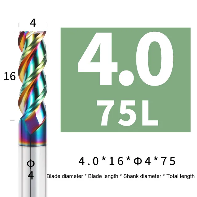 Colorful End Mill Aluminium HRC55 3F Milling Cutter Acrylic Wood Copper Plastic Cutting Tool CNC Maching Milling Tools Endmils 4X16XD4X75L