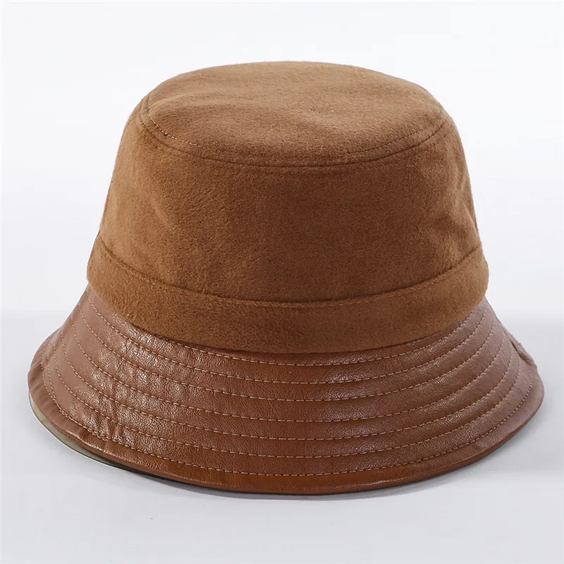 USPOP New fashion hats for winter women bucket hats flat top wide brim bucket hats patchwork PU brim wool hats