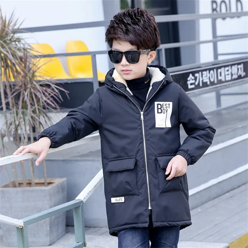 От 5 до 17 лет, бархатный Тренч для мальчиков, теплое пальто с капюшоном для мальчиков, модный Тренч с буквами для мальчиков, куртки высокого качества - Цвет: black