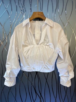 

2020 Early Autumn New Women's Lapel V-neck Slit Wrinkled Long Sleeve All-match Short Shirt 818