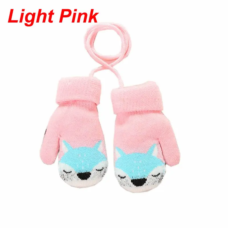 New Cute Cartoon Fox Baby Gloves Baby Winter Wool Plus Thick Full Rope Finger Mittens Boy Girl Warm Knitted Glove for Kids Boys - Цвет: Light Pink