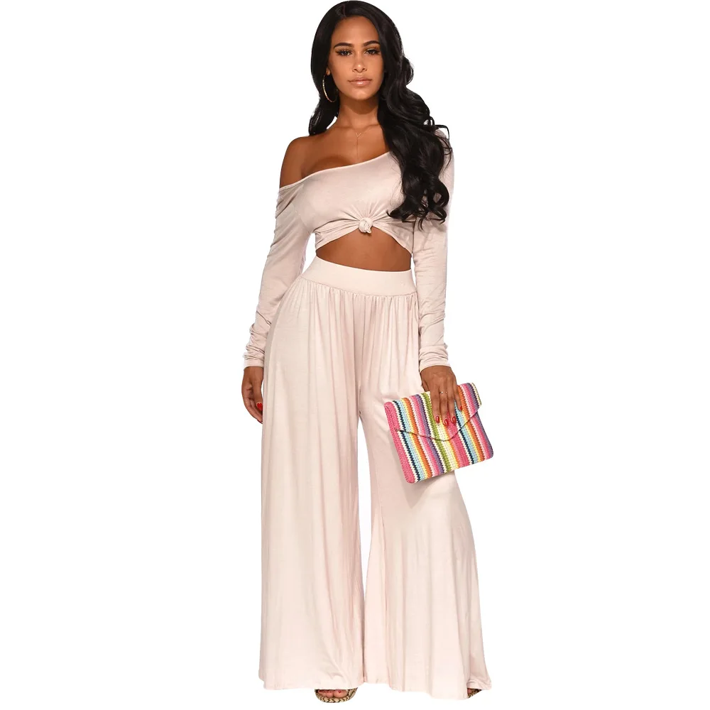 

JRRY Casual Two Pieces Women Set One Shoulder Leisurewear Loose Pants Leisure Wear Auturmn Solid Pattern 2 Pieces Leisure Sets