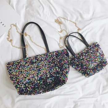 

Sparkly Women Totes Bag Colorful Sequined Ladies Handbag Bolso Mujer Top Handle PU Leather Large Capacity Chain Shoulder Bag