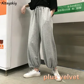 

Pants Women Plus Velvet Loose Elastic Waist Ankle-Length Binding Feet Solid Pockets Korean Chic Students Daily Womens Streetwear