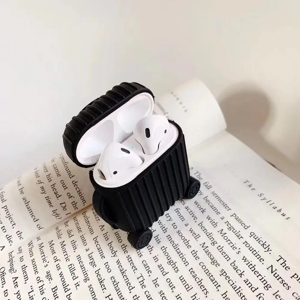 Для Apple AirPods 1 2 чехол милый 3D багажные наушники силиконовый чехол защитная коробка для зарядки беспроводной Bluetooth наушники чехол-подставка - Цвет: black