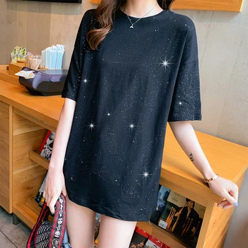 

Flashing Short Sleeve T-shirt Women's 2020 New Style Loose-Fit Pure Cotton Bottom Missing Mid-length Summer Tops 7757