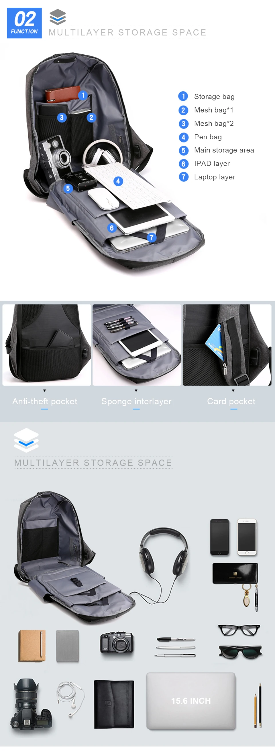 Laptop Backpack 15.6 Inch Notebook Back Pack Anti Theft Business Men Travel Bags Waterproof Male USB Charging Student Bagpack (4)