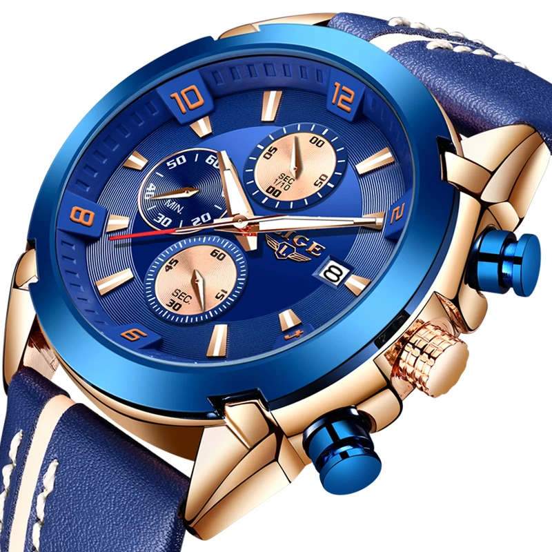 

LIGE Mens Casual Sport Quartz Watch Mens Watches Top Brand Luxury Chronograph Watch Men Automatic Date Leather Military clock