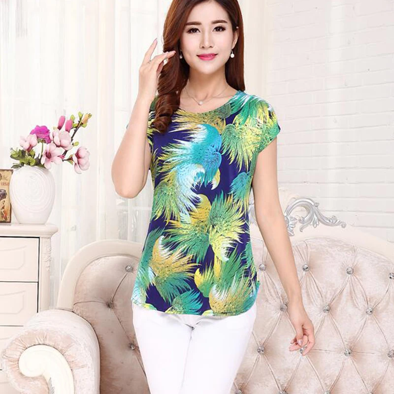 2021 New summer 13 colors Silk Shirt Floral Printed T shirt Short Sleeved O- neck Middle Aged Woman Top Plus Size XL-5XL YY513 | Женская