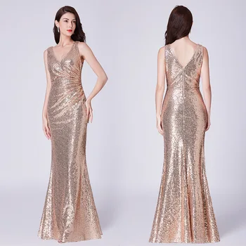 

Sexy Gold Deep V-Neck Cut Out Sequin Material Fishtail Shape Bodycon Long Dress silver Rose Gold dresses woman party night