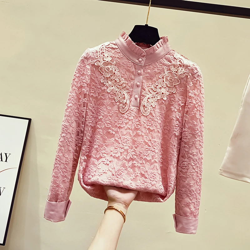 Plus Velvet Cotton Lace Shirt Women's Long Sleeve Autumn Winter All-match Shirt Tops Temperament Interior Jacket Girls Ladies