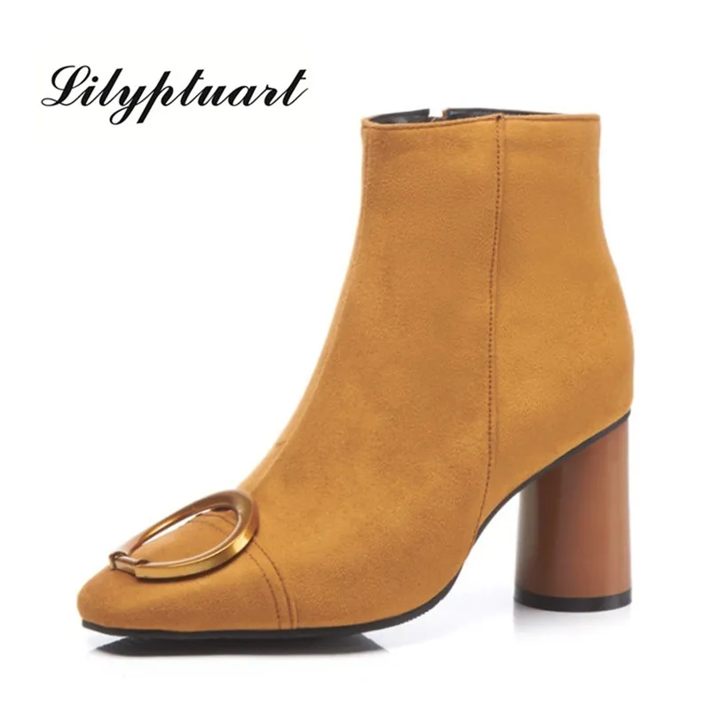 

European and American style autumn and winter suede boots metal decorative low tube thick with high heel fashion boots