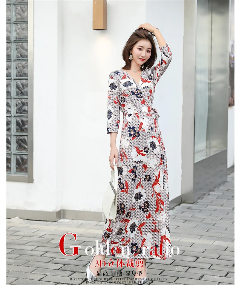 FANIECES Boho пляжное платье с цветочным принтом женские осенние длинные платья сексуальные с высоким разрезом v-образным вырезом обёрточная Bodycon Вечерние Макси-Платье рубашка femme