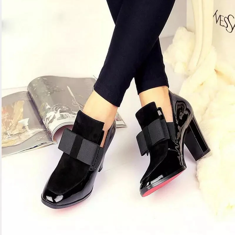 

Spring and autumn new 100% red soles high heels shallow shoes square head leather shoes ladies and ladies black sexy