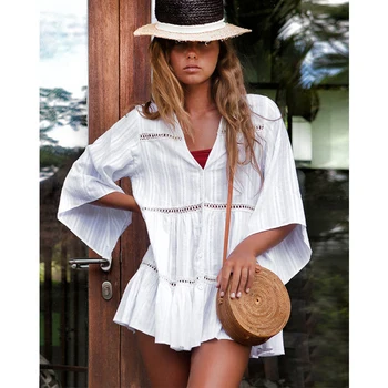 

Tunics For Beach Cover Up White Cotton Mini Beach Dress Kaftan Gypsy Chic Vestidos Female Hollow Ladies Cover-Ups Beachwear