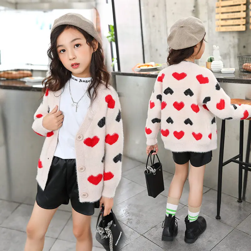 

Korean Style Baby Girl Cardigan Casual Sweater with Heart For Girls Red Heart Print Knit Sweater High Quality Kids Knitwear 4-11