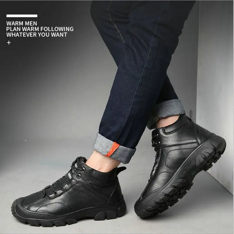 

Men wear-resistant adult male tennis Ankle boots men Genuine Leather winter boots men high top warm fur snow boots A57-04