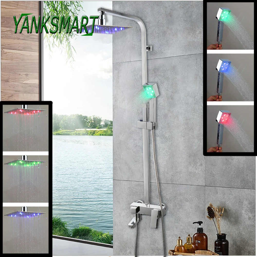 

YANKSMART LED Light Bathroom Rainfall Shower Faucet Jets Hand Shower Set Wall Mounted Taps Cold & Hot Water Mixer Tap