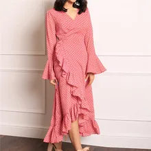 Vestido elegante a la moda con cuello en V con estampado de puntos de trompeta manga larga con volantes vestido temperamento vendaje cintura alta Maxi Dress7(China)