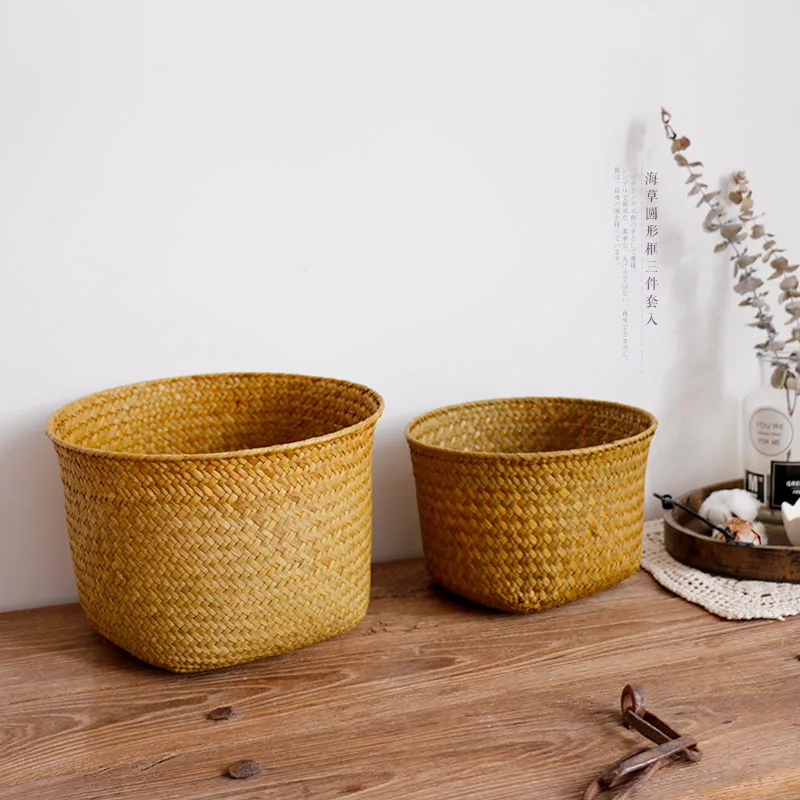 Handmade Bamboo Storage Baskets Laundry Straw Patchwork Wicker Rattan Seagrass Belly Garden Decoration Planter Basket Wy10224