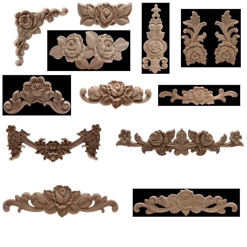 Ornamental Unpainted European Wood Decal Wood Applique Wood Craft Rose Leaves Flower Wooden