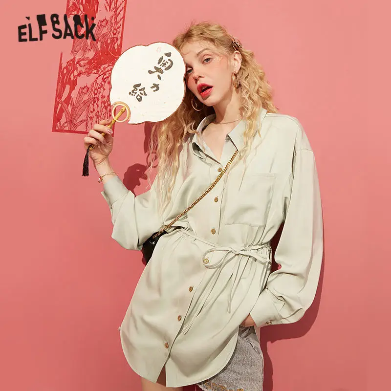Женская Однотонная рубашка ELFSACK белая Повседневная однобортная с поясом и