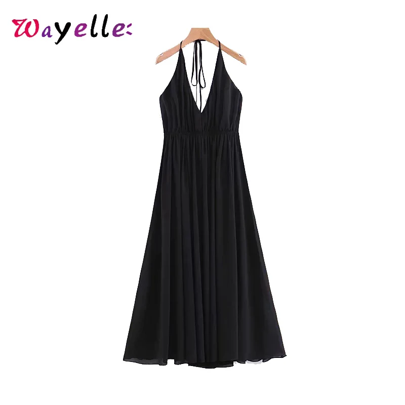 

Party Dress Long Halter Beach Women Sexy Boho Chic Pleated Dress Party Loose Elegant Spaghetti Strap Women Dresses Plus Size XL