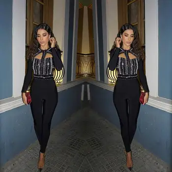

Top Quality Black Long Sleeve Mantual Beading Sexy Bandage Jumpsuits Cocktail Party Bodycon Jumpsuits