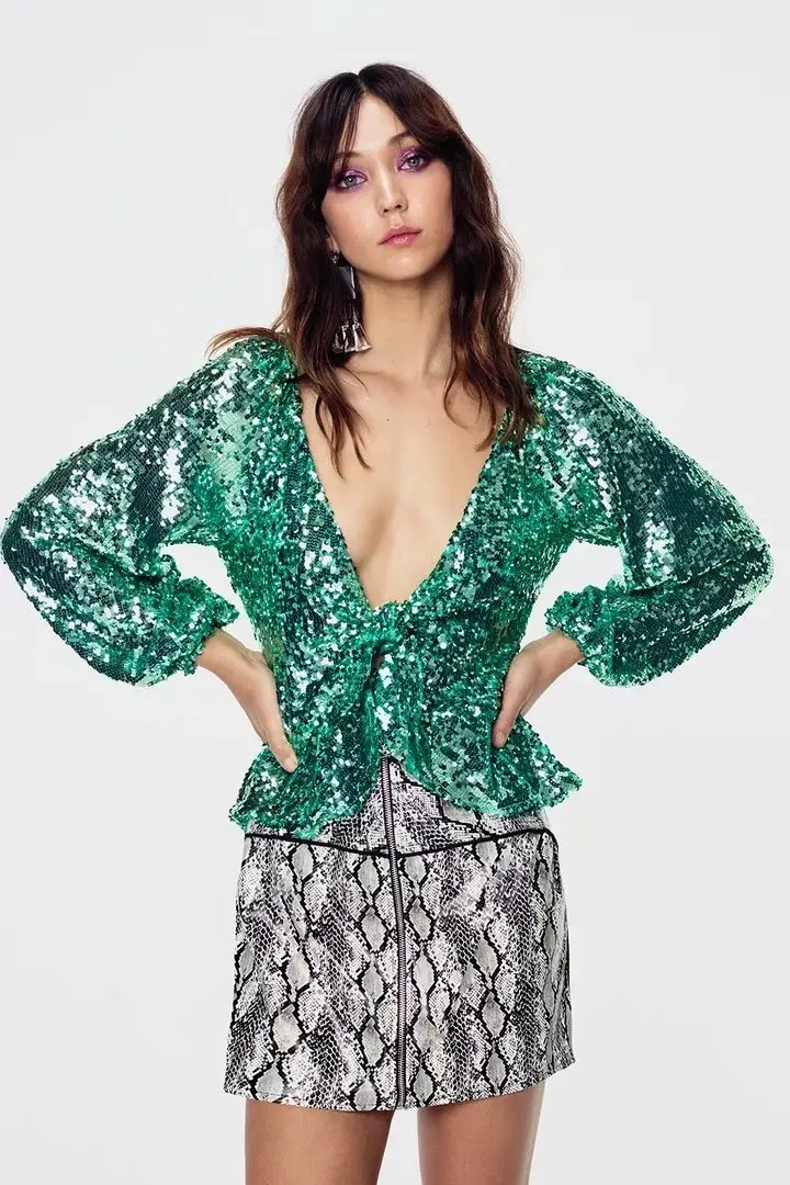 Two piece sets Madeleine Sequin crop top green Disco-inspired ruffled peplum top purple mini skirt female summer vestidos