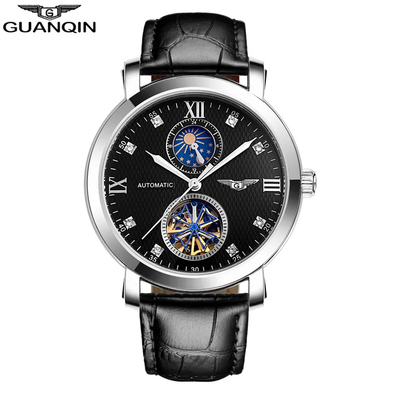 GUANQIN GJ16019 automatic Tourbillon механические мужские часы с большим циферблатом водонепроницаемые часы из натуральной кожи со стразами - Цвет: Черный