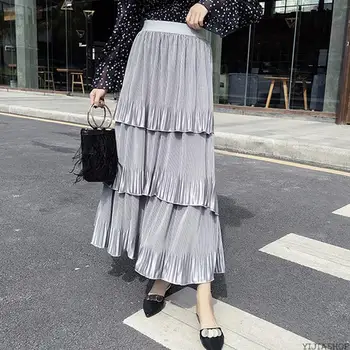 

New Women's Silk Touch Multi-Layer Skirt Elastic Waist Pleated Ankle Skirt